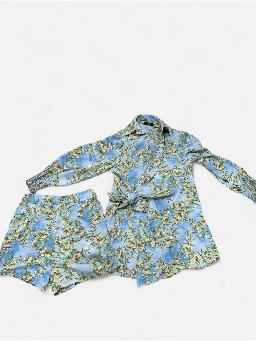 Summer Citrus Floral Matching Set | Blue Tie-Front Top & Shorts Co-ord